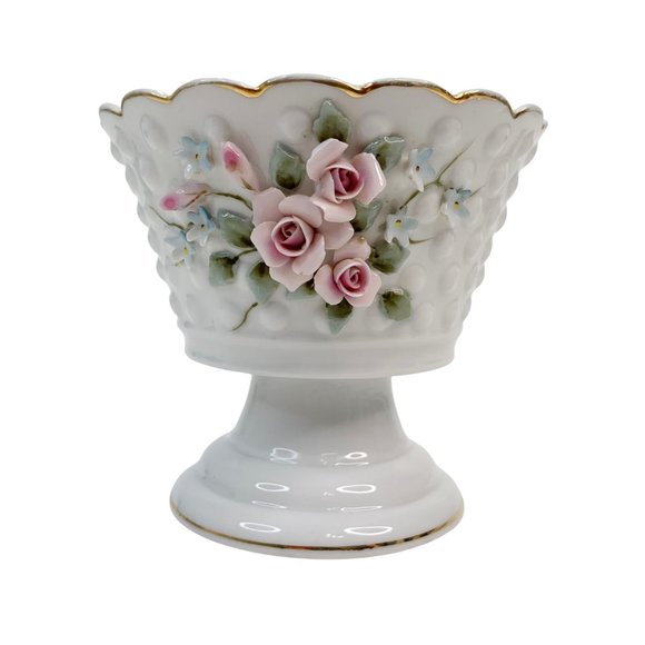 Vintage Lefton Candy Dish Compote Pedestal Rose Hobnail Scalloped Porcelain - Picture 10 of 10